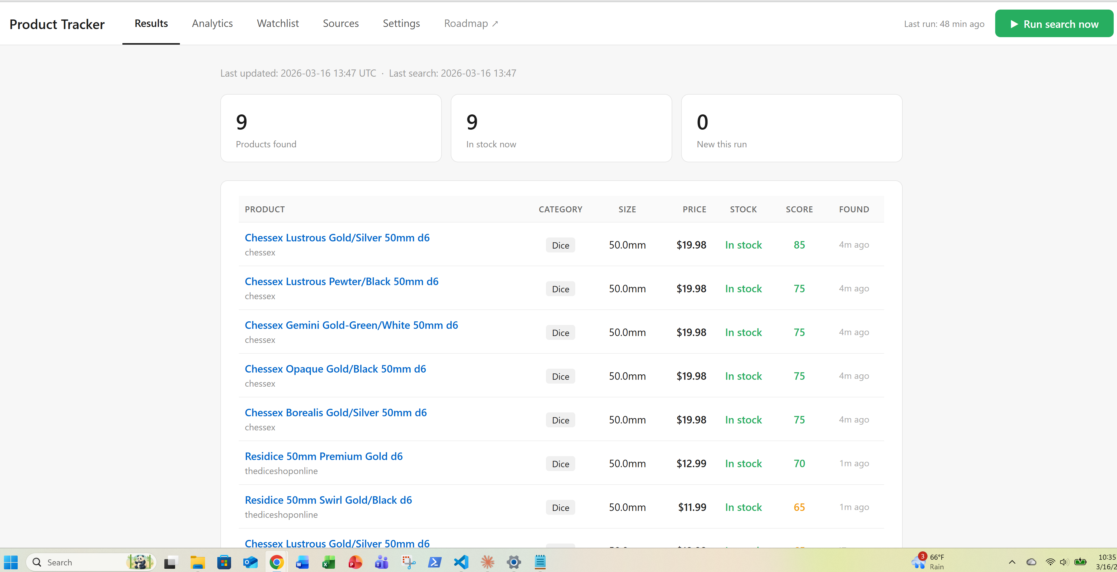 Dice Tracker Results